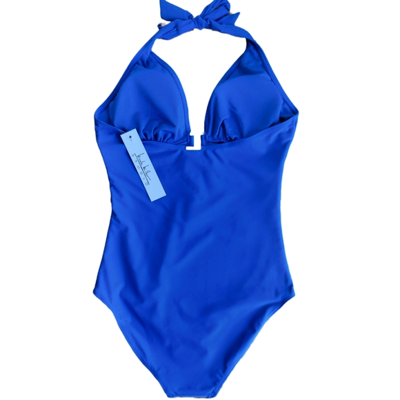 🌟 NWT NICOLE MILLER Royal Blue Halter Plunge Swimwear Women's Size 8  Shirred - Picture 5 of 14